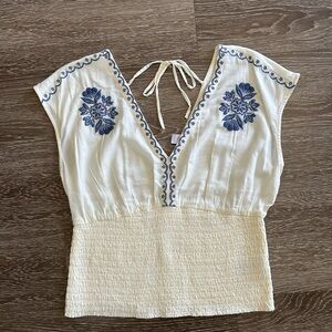 Old Navy White and Blue Embroidered Blouse